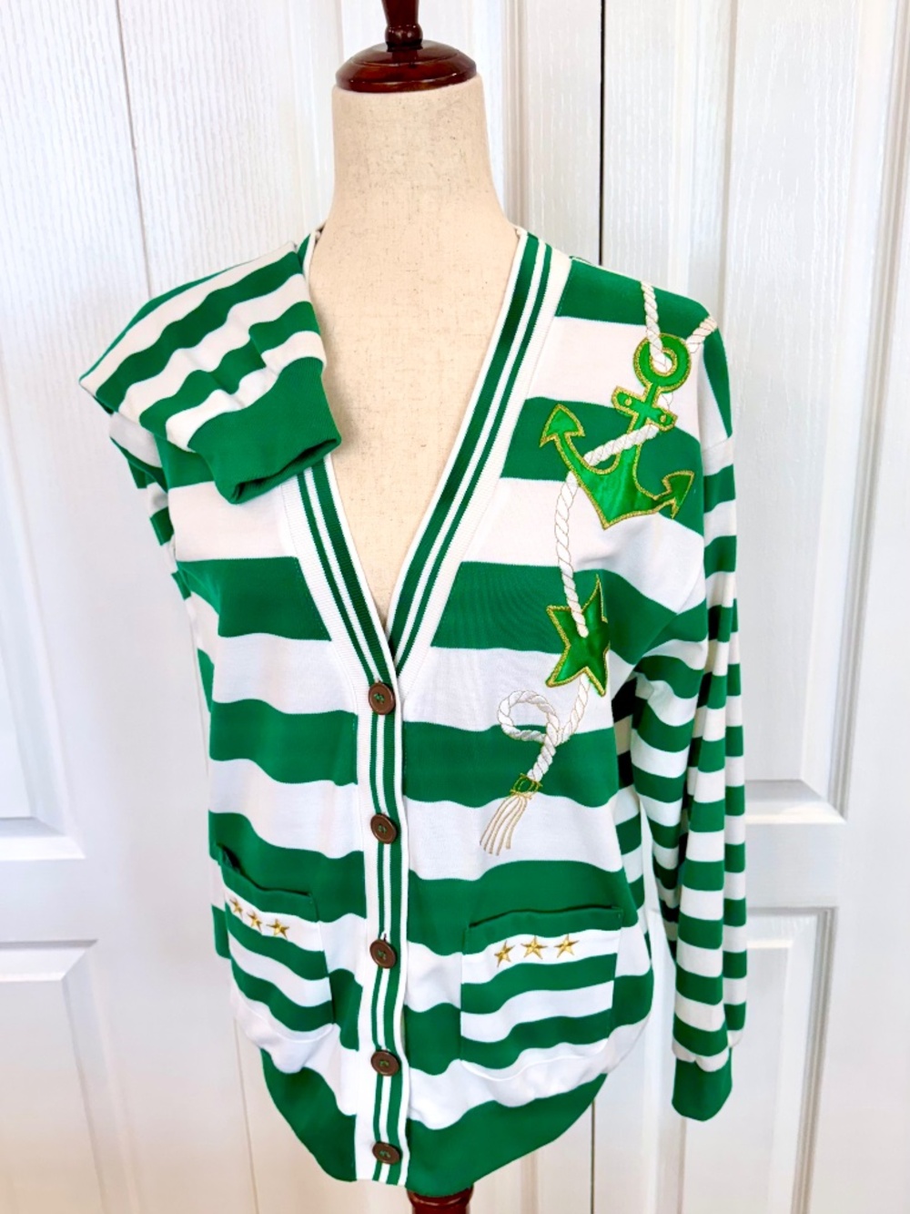 Woman's Size M, Nautical Sweater, Irish Green Striped, Anchor, Rope & Star’s